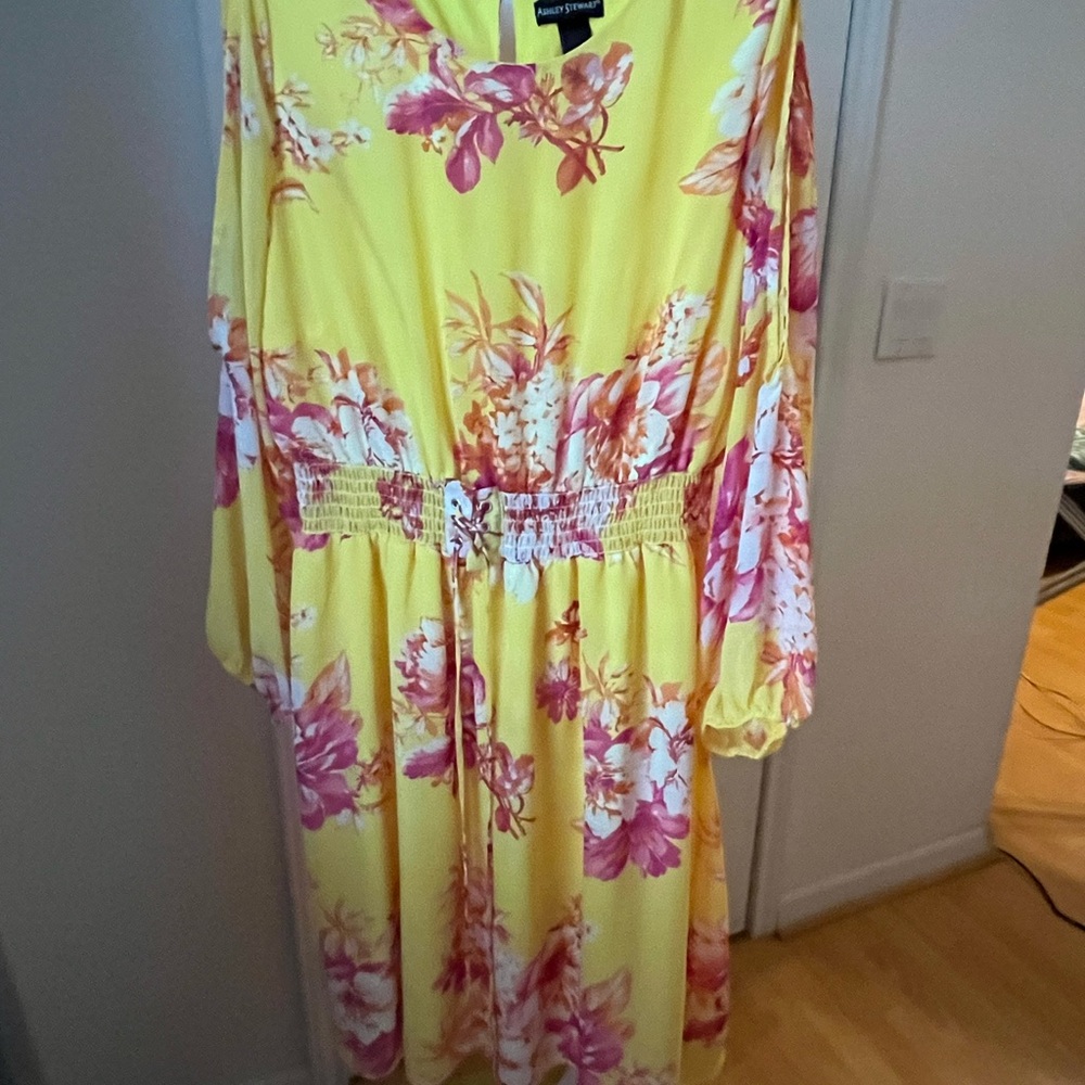 Ashley Stewart Bright Yellow Dress with Pink Floral Pattern